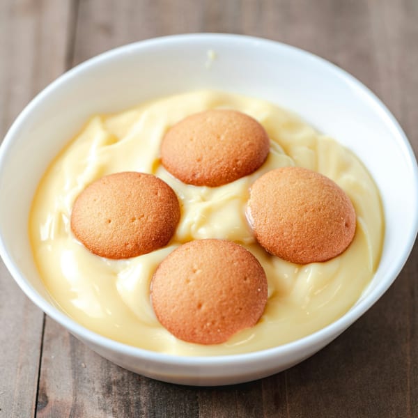 A white bowl filled with creamy yellow pudding and four round vanilla wafer cookies.