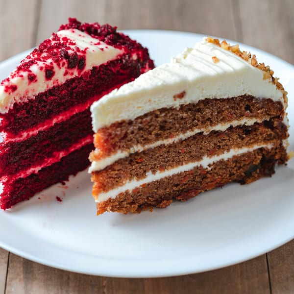 Two slices of cake, red velvet and carrot, with cream cheese frosting on a white plate.